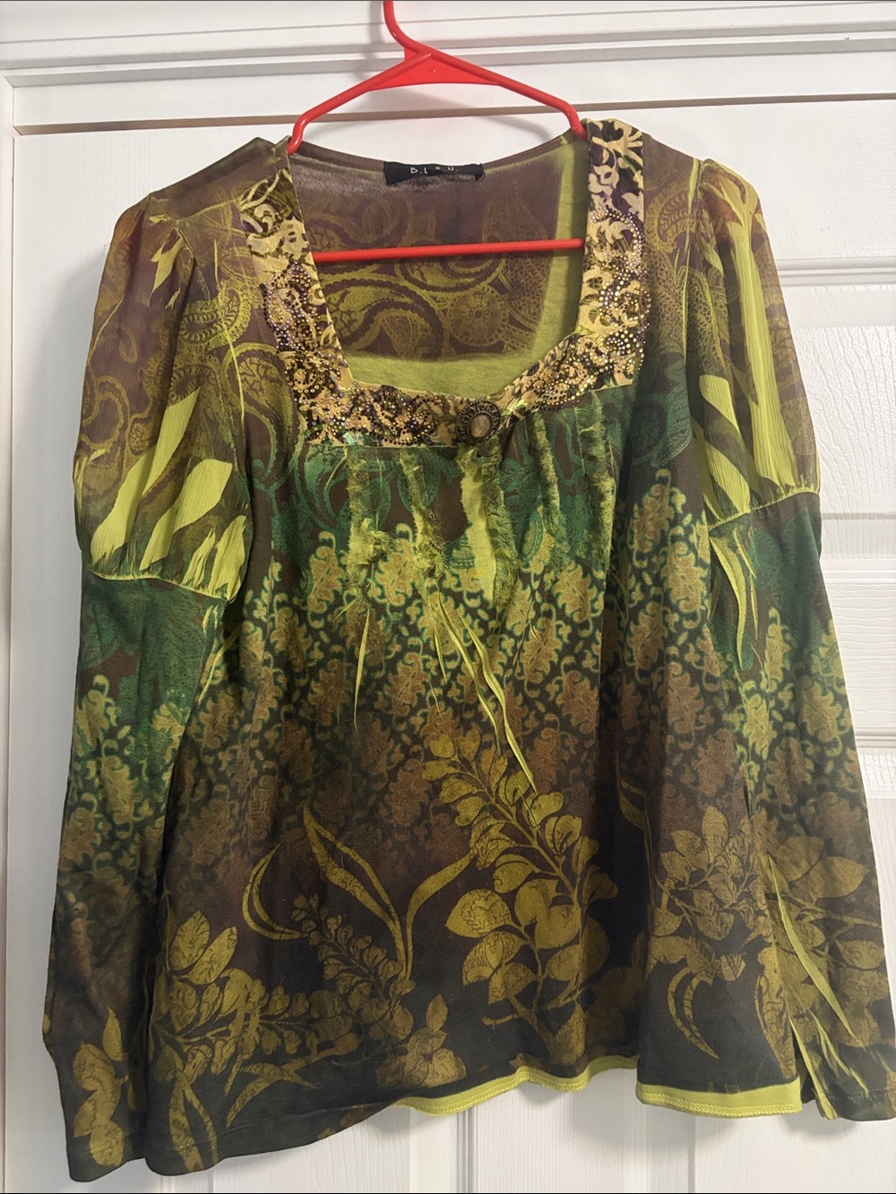 B.L.E.U. Olive and Dark Green Floral Square-Neck Blouse